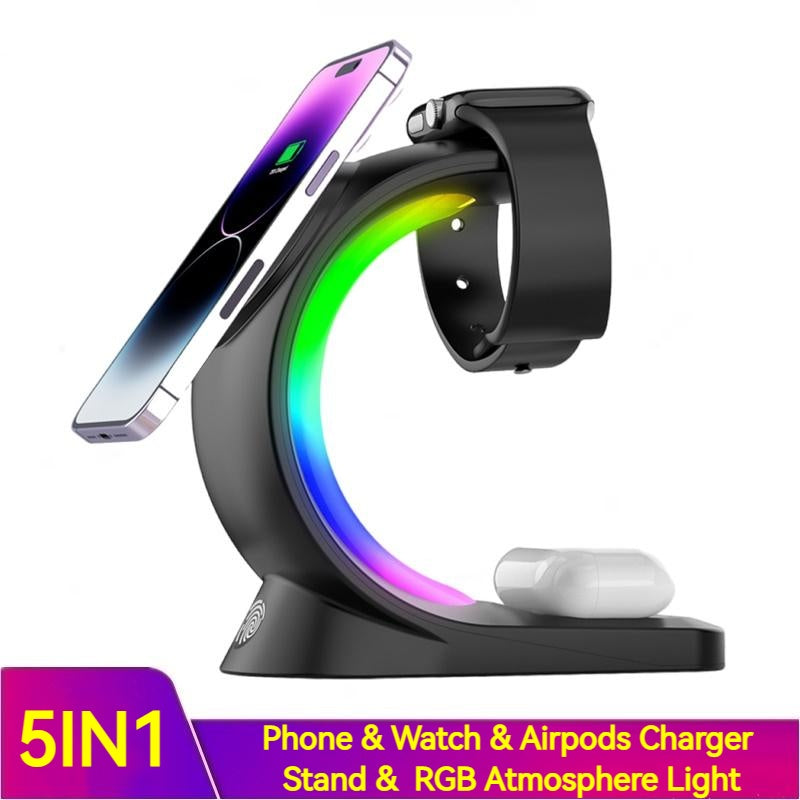 Caricatore Wireless 4 in 1 con Luce Atmosferica – Ricarica Rapida per iPhone, AirPods Pro e Apple Watch