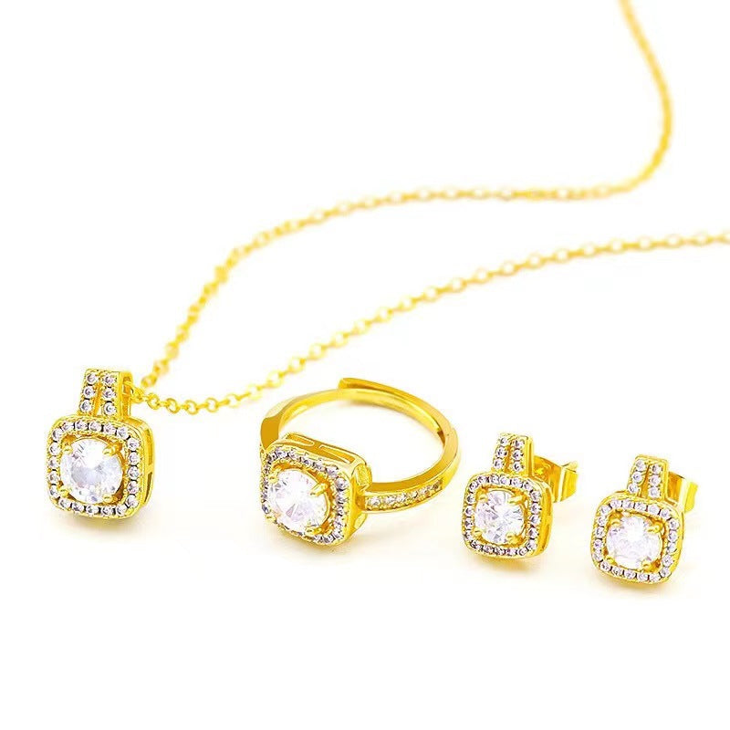 Set Gioielli Donna – Collana Choker, Ciondolo Zircone, Orecchini a Perno e Anello Dorato
