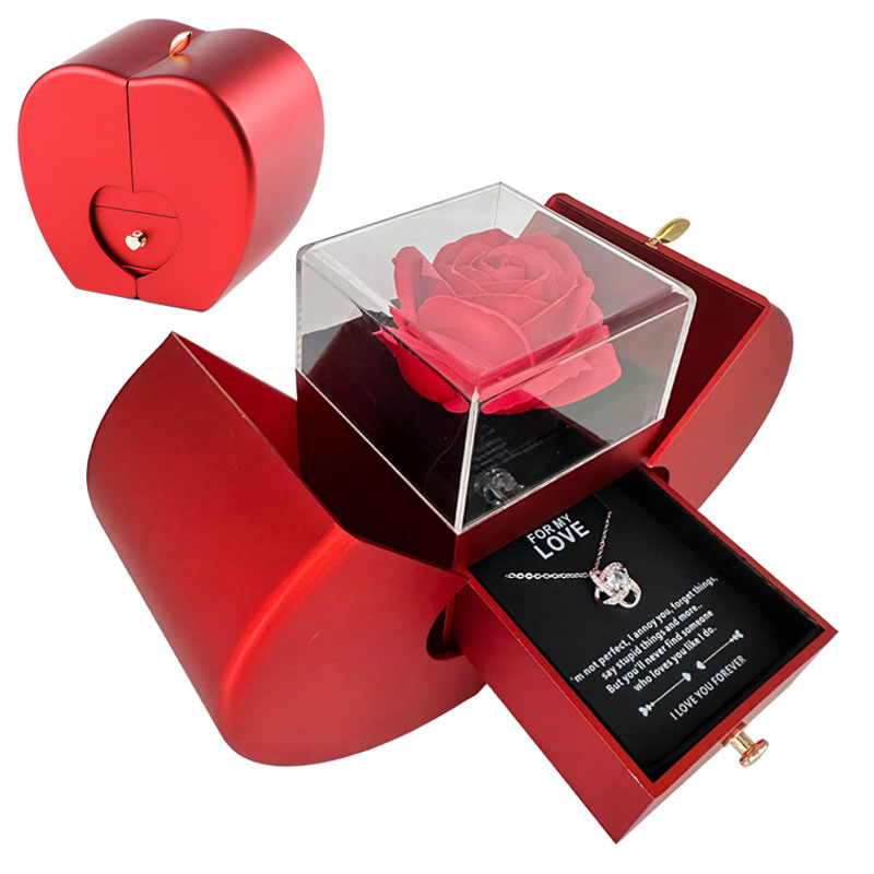 Collana con Rosa Eterna in Scatola a Forma di Mela Rossa